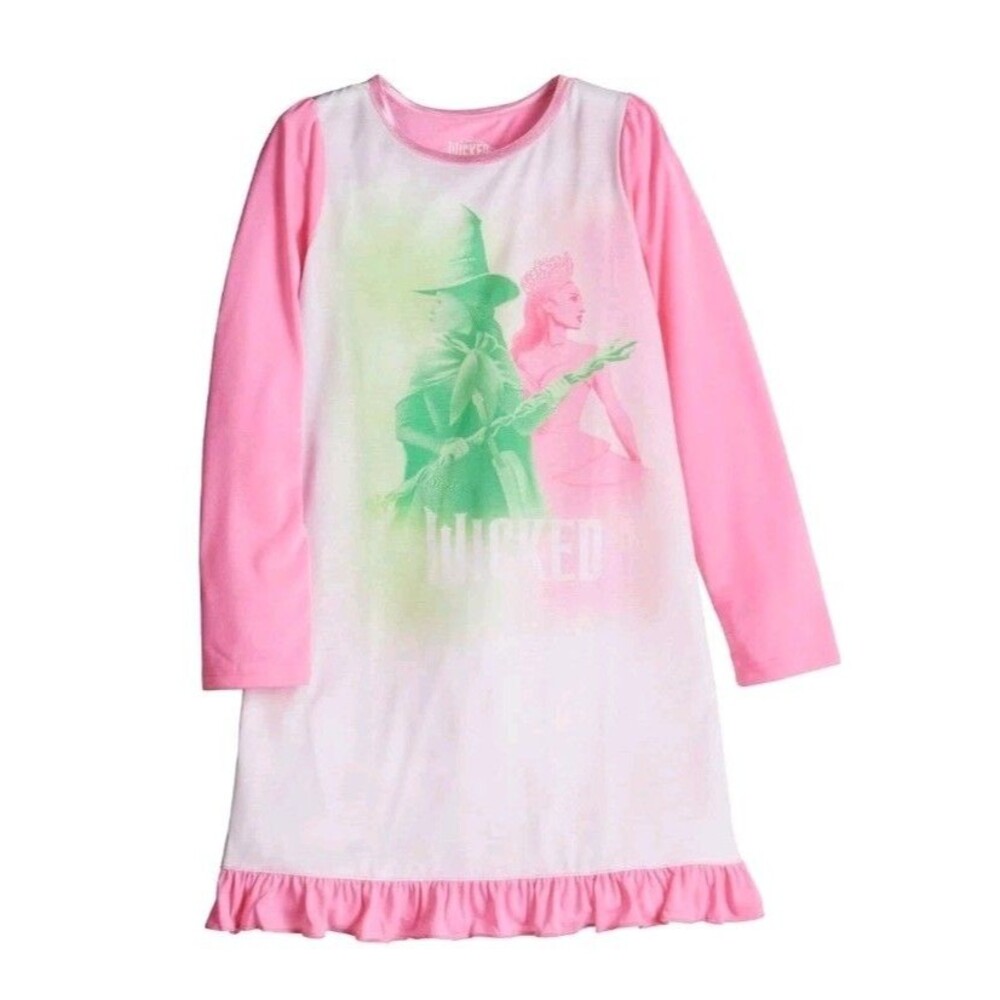 Wicked Girls Nightgown Sz 8 NWT Pink LS Ruffle Hem Elphaba Glinda PJ Sleepwear